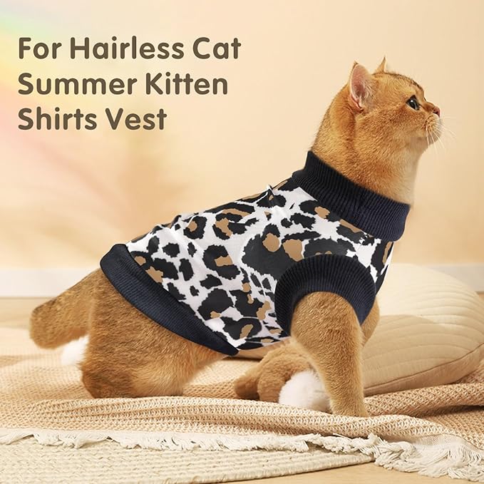 Idepet Cat Clothes Kitten Sweater Soft Kitten Shirt Cute Leopard Print Kitty Vest Pullover Pajamas Jumpsuit Cotton Apparel for Hairless Cats &Puppy (White,XL)