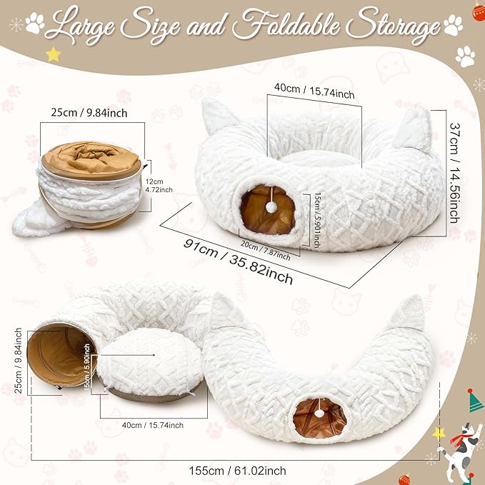 OurWarm Christmas Cat Tunnel Tree Skirt, Soft Plush Cat Donut Tunnel Bed with Washable Mat & 11 Pcs Interactive Toys, Peekaboo Cat Cave Under Christmas Tree for Indoor Cats Small Animals