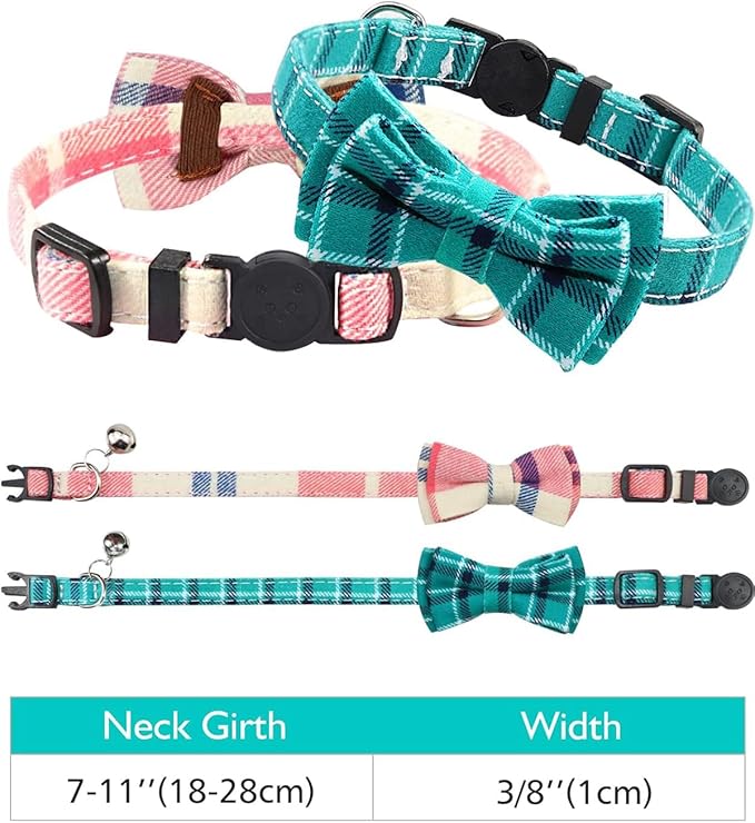 Joytale Upgraded Cat Collar with Bells, Breakaway Cat Collars with Bow Tie, 2 Pack Girl Boy Safety Plaid Kitten Collars, Pink+Teal