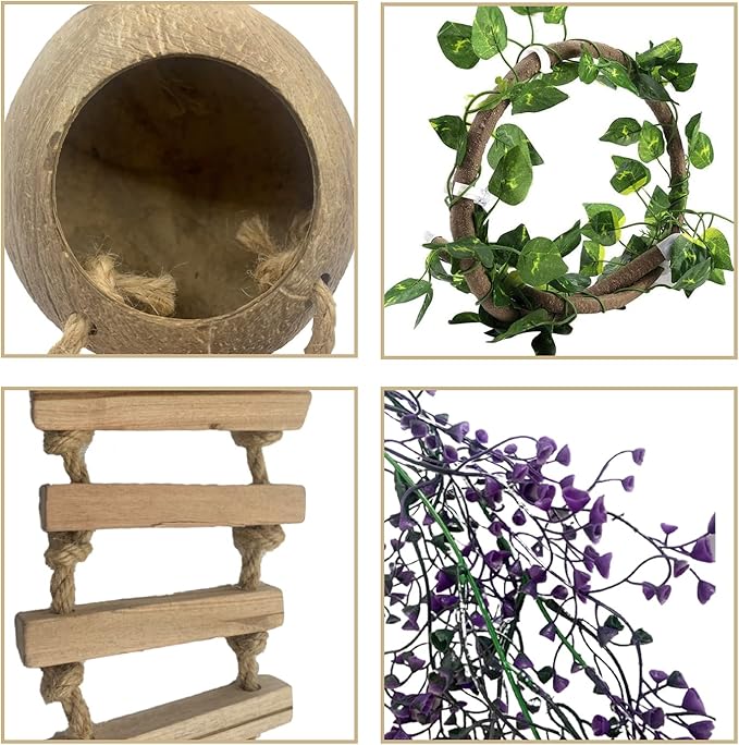 Crested Gecko Coconut Hut with Ladder,Bearded Dragon Coco Den Reptile Shell Hideout Husk Hut Climbing Plants Leaves Tank Accessories for Lizard Chameleon Snakes