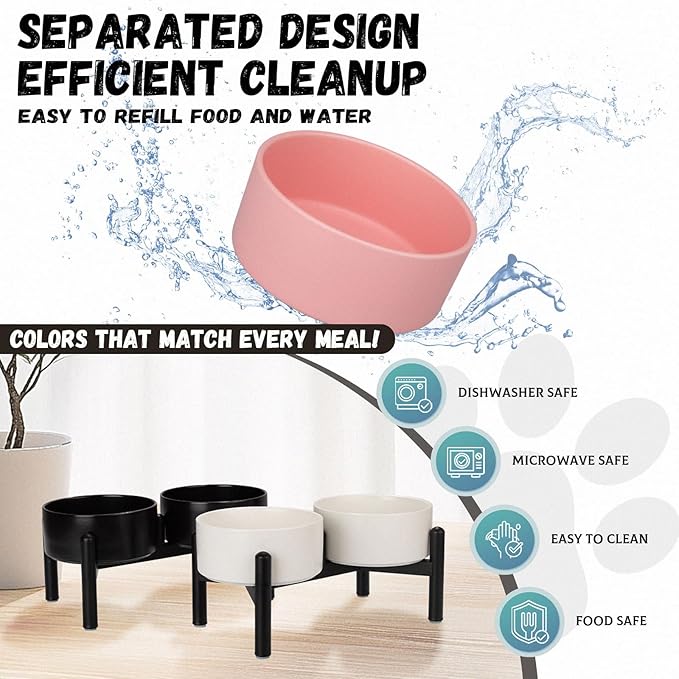 Raised Ceramic Dog Bowl Set - Elevated Double Dishes with Stainless Steel Stand - Food and Water Bowls for Small to Medium Dogs - Each Holds 2 Cups (28.75 fl oz) - Black