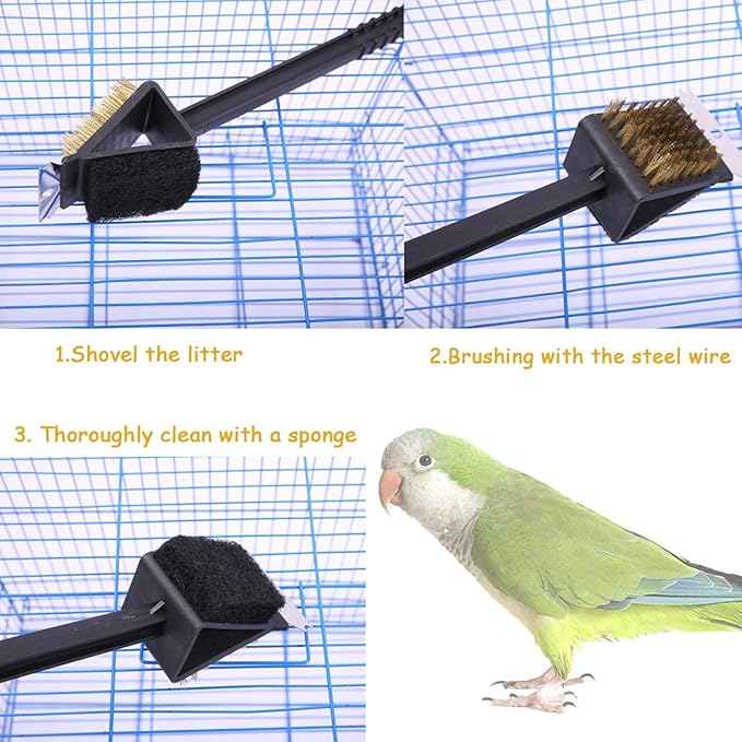 QBLEEV Stainless Steel Triangle Long Bird Cleaning Brush, Multi-Function Three-in-one Long Handle Brush, Pet Supply Cage Accessory for Parrot Birds