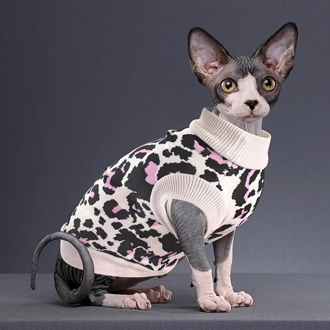 Idepet Cat Clothes Kitten Sweater Soft Kitten Shirt Cute Leopard Print Kitty Vest Pullover Pajamas Jumpsuit Cotton Apparel for Hairless Cats & Puppy (Pink,S)