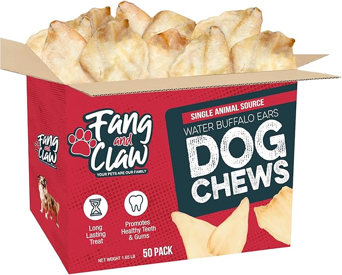 Fang & Claw Water Buffalo Ears for Dogs (50 Pack) - Free Range Grass Fed Low Calorie All Natural Dog Chews - Healthy Dental Chew Bone Alternative - No Rawhide Dog Chews - Long Lasting Natural Treats