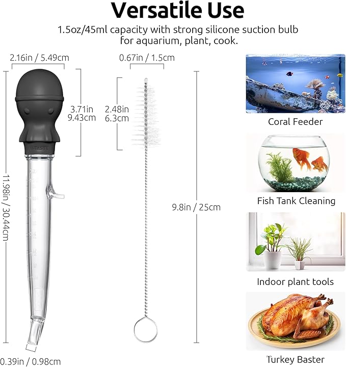 U-Taste Aquarium Pipette Cleaner: 1.5oz Coral Feeder for Fish Tank Cleaning, Manual Feeding Tube, Food Grade Siphon Dropper, Waste Remover with Strong Suction & Stand & Brush (11.98in, Black)