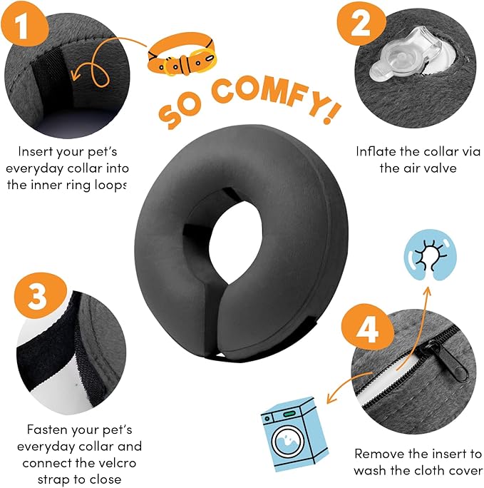 BENCMATE Inflatable Dog Cone Collar Alternative, Soft Dog Cone for Small Medium Large Dogs and Cats, Neck Recovery ECollar Donut Collar After Surgery (Medium, Dark Grey)
