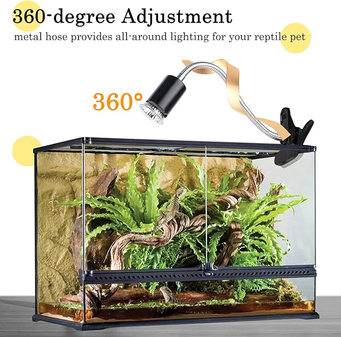 LUCKY HERP Reptile Heat Lamp with Clamp, Aquarium Turtle Tank Basking Light with 360° Rotatable Timing & Dimming and 2 Pack 50W UVA UVB Heat Light Bulb for Turtle Tortoise Lizard