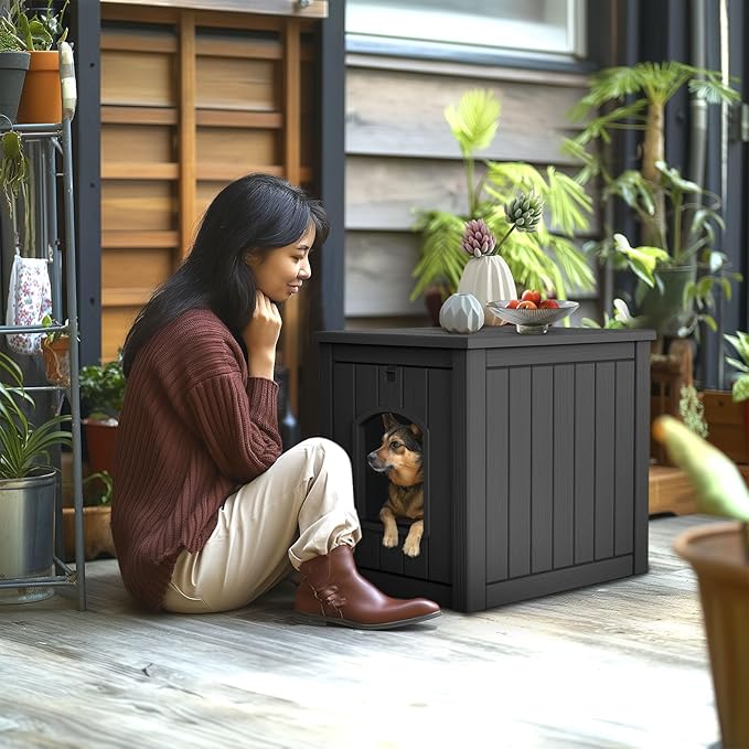 ROJIK Dog House Outdoor Waterproof,Resin Puppy Shelter Indoor with Flip Lid and Elevated Floor,Cat Duck Chicken Shelter, Portable and Easy Assembly(Black)