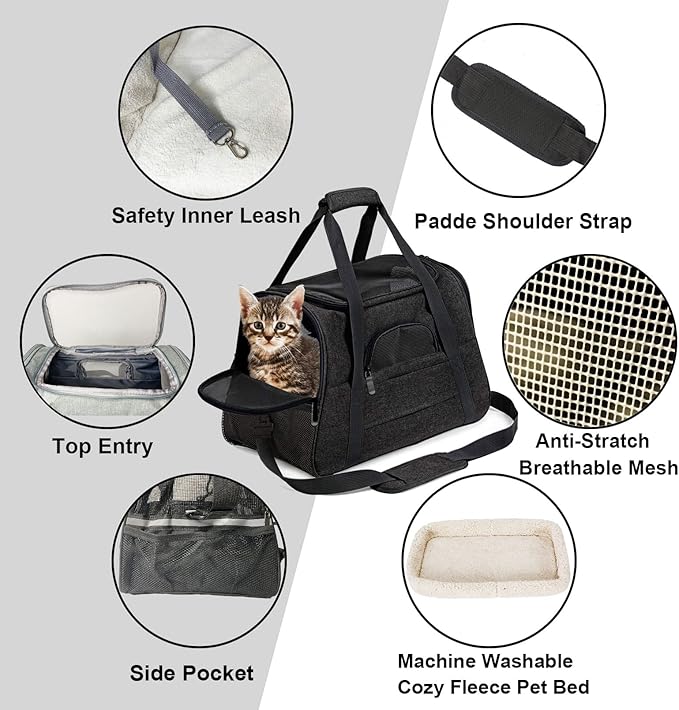 kathson Rabbit Travel Carrier Bag Airline Approved Pet Pocket Breathable Mesh Window Portable Hand Bag with Locking Safety Zippers for Small Dogs Cats Bunnies and Small Animals (Black)
