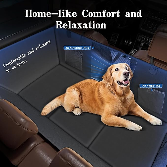 Tails & Tales Back Seat Extender for Dogs, 2025 Upgraded Double-Thick PU Leather Dog Car Back Seat Cover with Hard Bottom, Waterproof & Anti-Scratch, Supports Up to 400 lbs, Fits Car, SUV and Truck