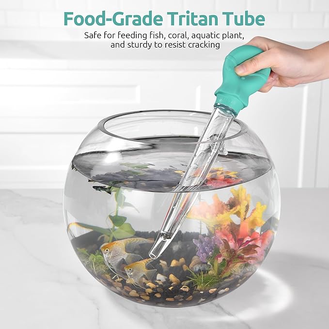 U-Taste Aquarium Pipette Cleaner: 1.5oz Coral Feeder for Fish Tank Cleaning, Manual Feeding Tube, Food Grade Siphon Dropper, Waste Remover with Strong Suction & Stand & Brush (11.98in, Aqua Sky)