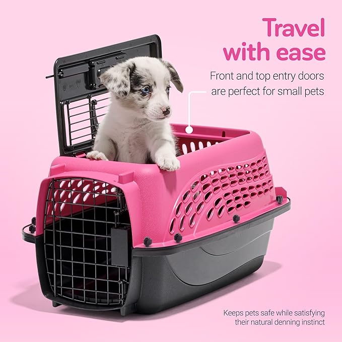 Petmate Dog Crates for Small Dogs & Cat Carriers, Two-Door Plastic Pet Kennel, Top & Front Loading, Made in USA, XS 19" For Dogs Up To 10 lb, Pink