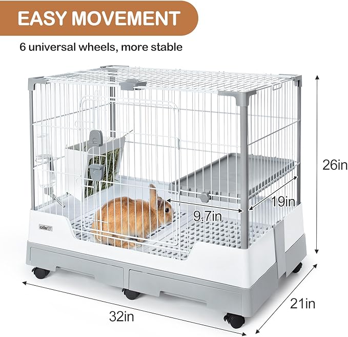 OIIBO Deluxe Rabbit Cage, 32" × 21" × 26" Large Space Bunny Cage Foldable Small Animal Cage with Pull Out Tray and Caster Platform, Professional Household Anti-Spray Urine Rabbit Cage Hutch Indoor