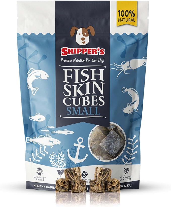 SKIPPER'S Cod Fish Skin Small Jerky Cubes - Gently Air Dried Single Ingredient Cod Skin Dog Treats, Rich in Omega 3 & Grain Free Crunchy Bites, Hypoallergenic & Gluten Free | Great for Teeth (8.82 Oz)