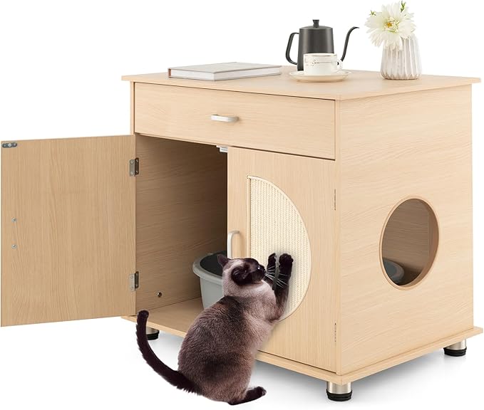 Tangkula Litter Box Enclosure, Hidden Cat Washroom with Drawer, Sisal Scratching Doors, Adjustable Metal Feet, Modern Cat Litter Cabinet Storage Bench, Double Enclosed Litter Box Furniture