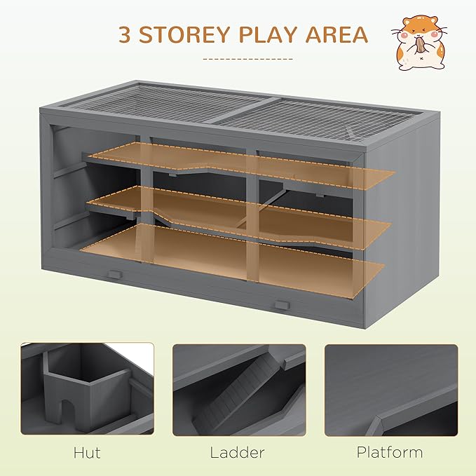 PawHut 45" Extra Large Wooden Hamster Cage, 3-Layer Rat Cage with Opening Roof, PVC Window, Small Animal Habitat for Gerbil, Dwarf & Syrian Hamsters, Gray