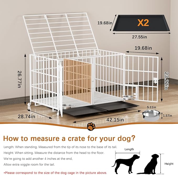 Dosker 42 inch Heavy Duty Metal Dog Crate Cage with Divider for 2 Dogs/Large Dog,All Metal Open Top Escape Proof Cage,Kennel Indoor with Wheels,2 Tray,Feeding Bowl(White)