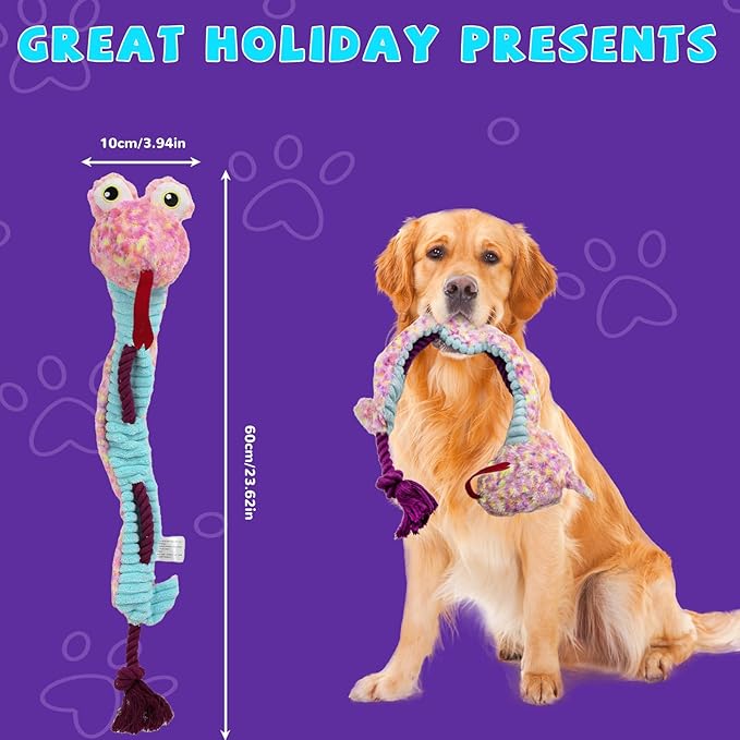 Crinkle Dog Toys Squeaky Plush No Stuffing Cute Puppy Stuffless Tough Rop Pull Toy, Fun Dog Stuffed Animals Durable Chew Set for Small Medium Large Pup (Large, Snake)