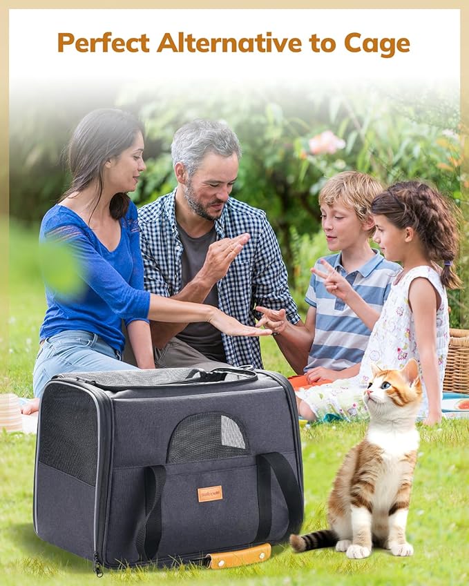 Morpilot Cat Carrier - Soft Sided Cat Carrier Large for Big Medium Cats and Puppy up to 18lbs, Pet Carrier with Safety Zippers, Foldable Bowl, Airline Approved Large Dog Carrier - Dark Gray
