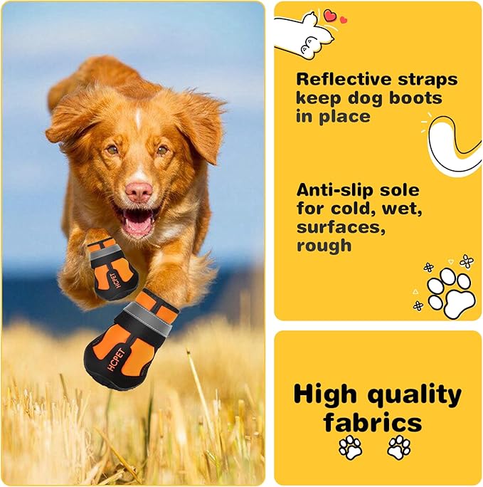 Hcpet Dog Shoes, Dog Boots for Large Dogs, Waterproof Dog Booties Paw Protector for Summer Hot Pavement, Winter Snowy Day, Outdoor Walking, Indoor Hardfloors Anti Slip Sole Orange Size 6