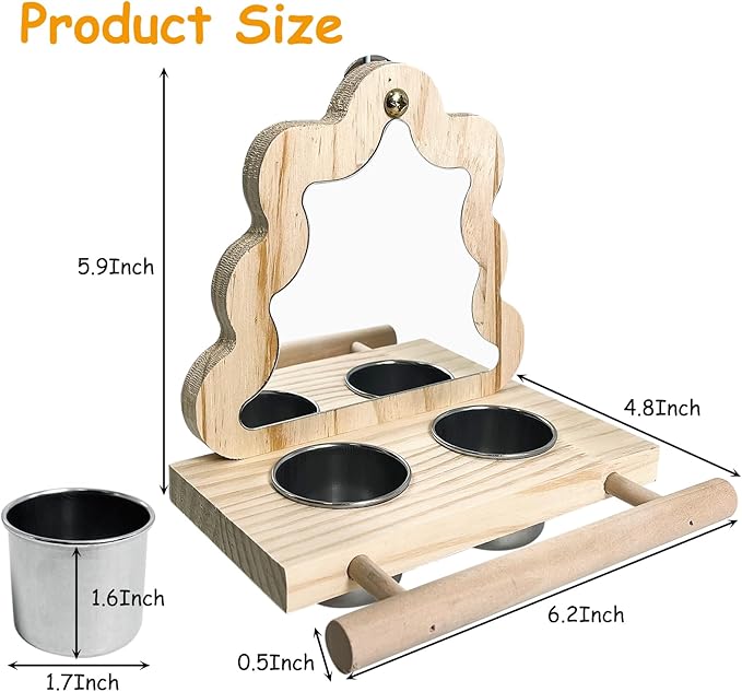 Tfwadmx Bird Parrot Wooden Feeding Cups Small Bird Feeding Dish Cups Stainless Steel Birds Bowls Food Water Bowls with Bird Food Holder for Cockatiel Parakeet Macaw Finches Lovebirds