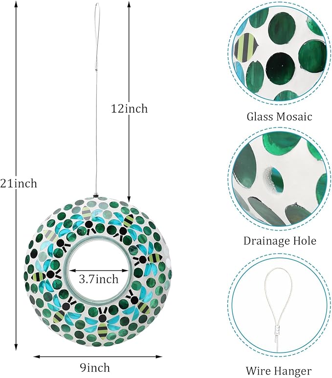 Yinns Bird Feeder - Fly Through Hanging Glass Large Bird Feeders for Outdoors Circle Wild Bird Mosaic Feeders Seed Container 9 inch