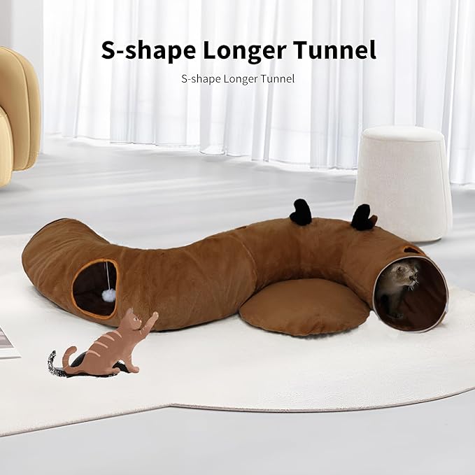 Cat Tunnel Bed for Indoor Cats with Washable Cushion Cat Cave Donut Tunnel with Fluffy Ball Big Round Tube Pet Playground Toys Soft Plush Peekaboo for Kitten, Cat, Puppy, Rabbit, Ferret(Deer)