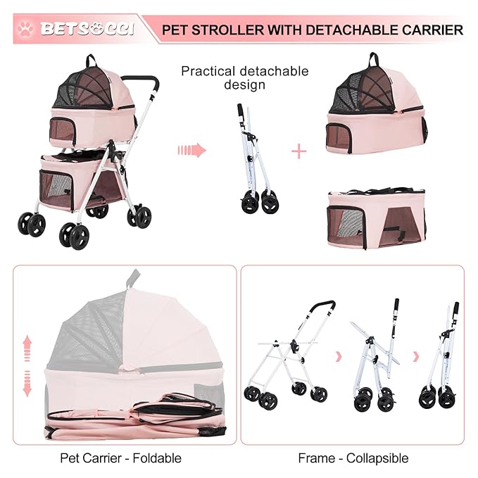 Double Dog Stroller with 2 Detachable Carrier, Portable Pet Stroller for Small Dogs & Cats Folding Lightweight Puppy Travel Carriage, 4 Wheels, Pink