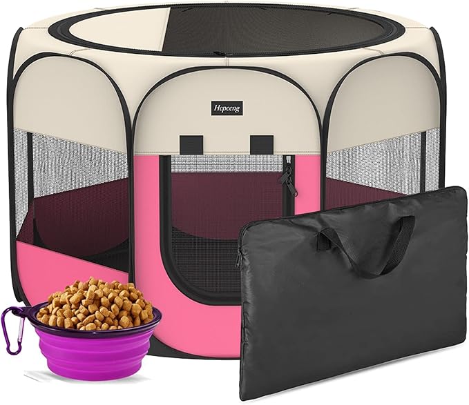 Portable Pet Playpen, 8-Panel Indoor/Outdoor Puppy Pen with Shade Cover & Travel Bag - Waterproof Dog Cat Tent Includes Collapsible Bowl