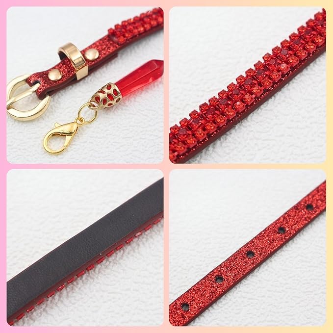 PEARLY JUN Rhinestone Dog Collars for Small Dogs Cat, XXS Red Bling Diamond Cat Collar Cute Luxury Crystal Pet Puppy