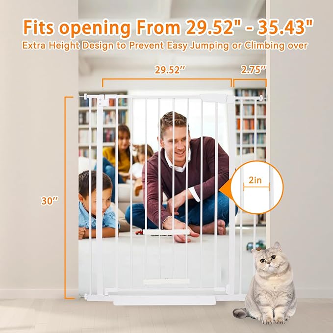 30 Inch Tall Baby Gate with Small Cat Door, Adjustable Auto Close Dog Gate Easy Walk Thru Pet Door for Stairs, Doorway, House (White, 29.52"-35.43")