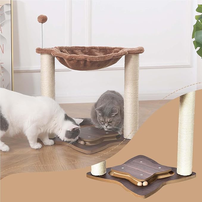 Simple Deluxe Small Cat Tree Tower with Scratching Post, 4-in -1Cat Tree with Hammock,Dangling Ball,Natural Sisal Cat Scratcher,Wooden Interactive Track Ball Base for Indoor Kittens,18inches