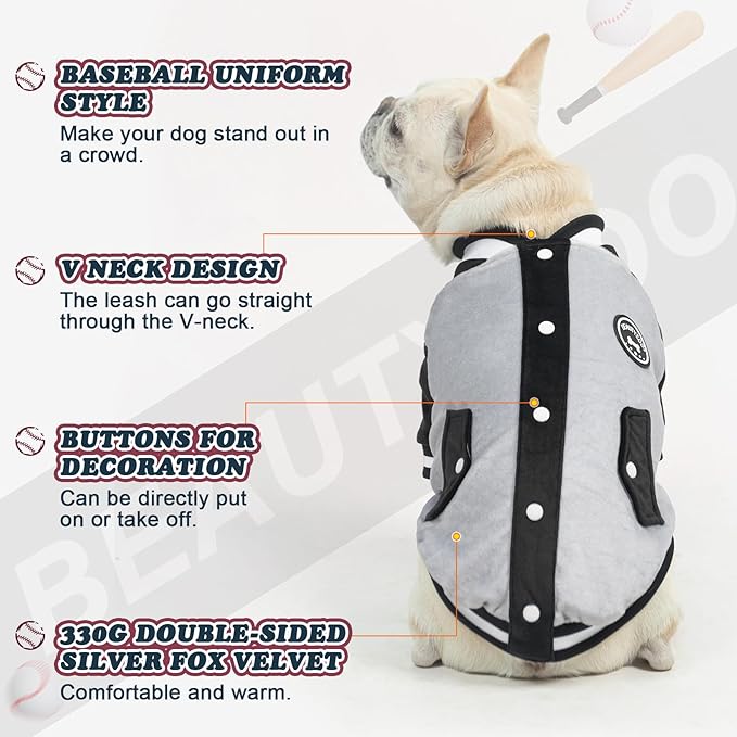 BEAUTYZOO Dog Hoodie for Small Medium Dogs, Fall Winter Warm Dog Clothes for Puppy S M Sized Dogs Girl Boy, Pet Sweater Hoodies Baseball Sweatshirt Jacket Bulldog Pitbull Cat Clothing Coat- Grey