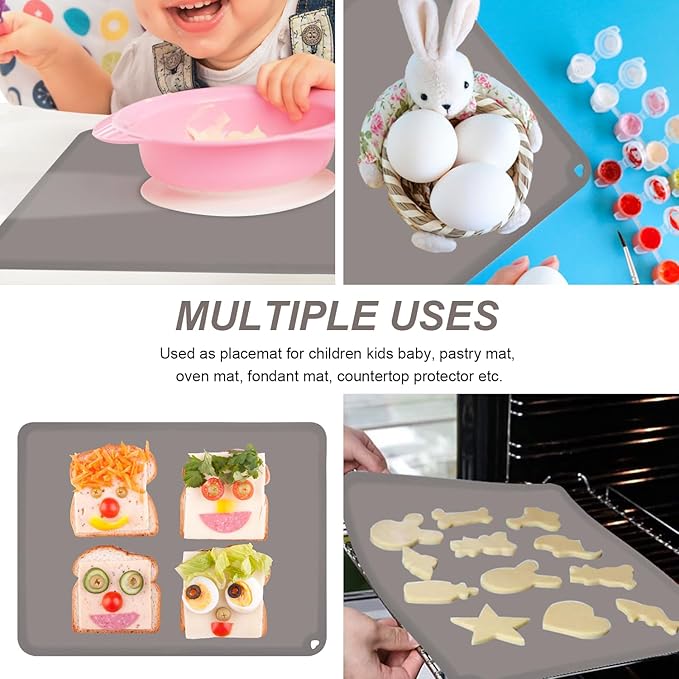 KVK Silicone Placemats for Toddlers Thicker Version, Non-Slip Reusable Kids Placemats for Dining Table, Stain-Proof Baby Table Mat for Restaurants 4 Packs (Light Gray&Dark Gray)