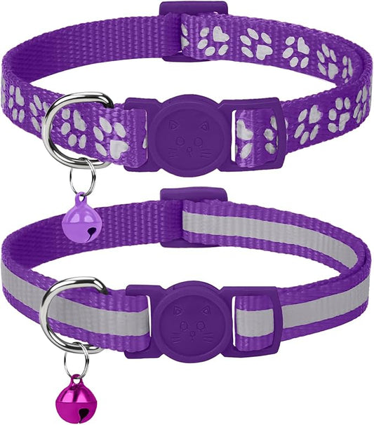 Taglory Reflective Cat Collar Breakaway with Bells, 2 Pack Girl Boy Pet Cat Collar Adjustable 7.5-12.5 Inch, Purple