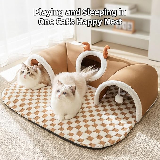 Cat Tunnel Bed Indoor,Cat Peekaboo Cave Bed for Multiple Cats,Kitty Tube with Cat Balls Toys,Removable Cat Bed House Washable,Small Animal Tunnel for Kitty,Bunny (Grey,X-Large)