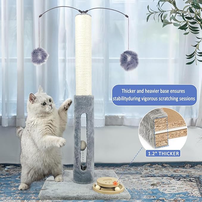 31" Cat Scratching Post Kitten Toys for Indoor Cats Interactive Scratcher with Tracking Ball, Sisal Scratch Rope for Large Cats,Sturdy Base Cat Scratch Post, (Gray, 31" H)