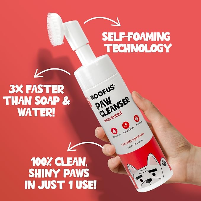 Paw Cleanser - Gentle, Unscented Foaming Cleanser with Built-in-Brush - No-Rinse Paw Cleaner for Dogs and Cats - Paw Cleaner for Repairing & Restoring Cracked Paws - 5.07 fl oz