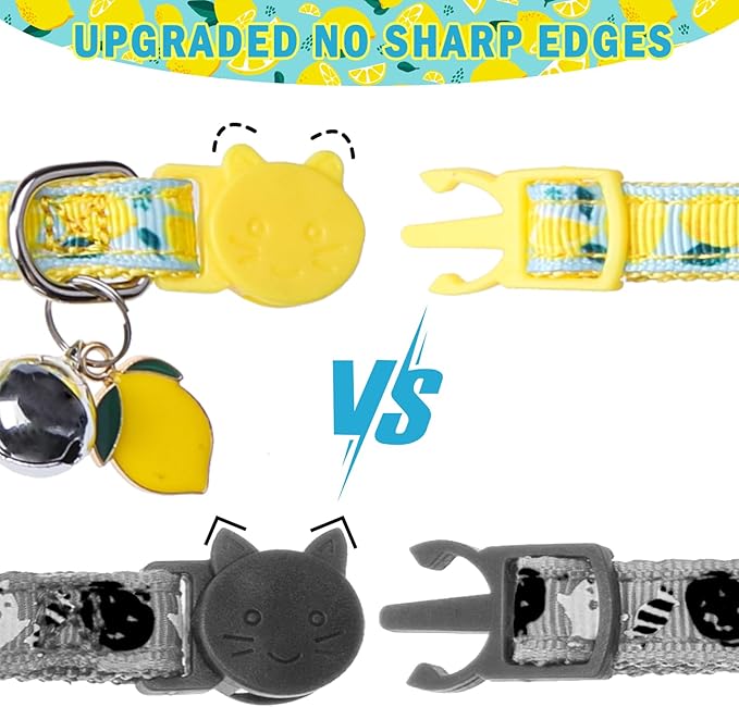 SCENEREAL Breakaway Cat Collar with Bell, 2 Pack Safety Adjustable Cat Collars with Pendant, Personalised Puppy Kitten Collar with Bow for Spring Summer Boys Girls, Lemon Bee