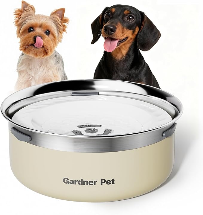 Gardner Pet Slow Water Bowl for Dogs, 2L/68oz Spill-Proof Pet Water Bowl with Floating Disk, Stainless Steel No-Spill Water Dispenser for Small & Medium Pets