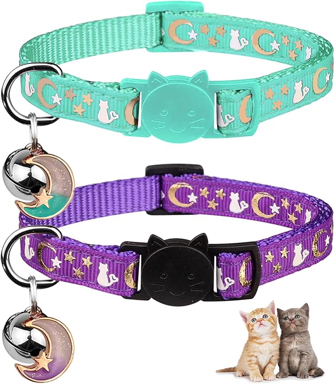 2PCS Breakaway Cat Collars with Bell Moons Stars Cute Kitty Adjustable Safe Kitten Collars with Pendant Glow in The Dark(Purple&Teal)