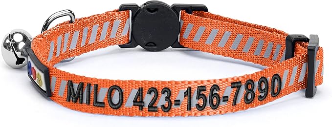 Pawtitas Personalized Cat Collar with Safety Buckle and Removable Bell Cat Collar with Name Phone Number Kitten Adjustable Collar Customized Cat Collar | Orange Reflective Collar for Cats