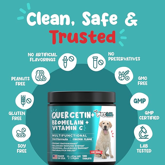 Quercetin for Dogs with Bromelain & Vitamin C - Allergy & Itch Relief, Immune & Inflammatory Support - 120 Chewable Tablets Made in USA