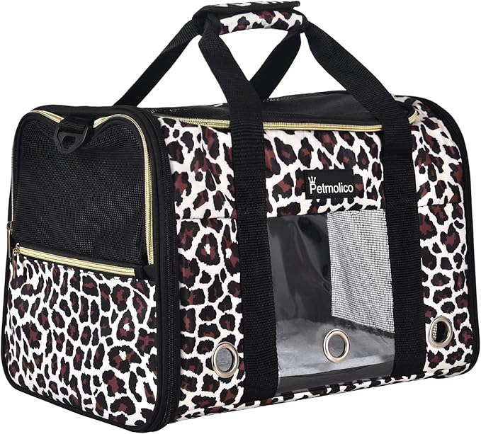 Petmolico Cat Carrier Soft-Sided Pet Bag for Small Medium Cats Puppies 16LBs - Airline Approved Pet Travel Carrier 3 Open Doors (Medium,Leopard)