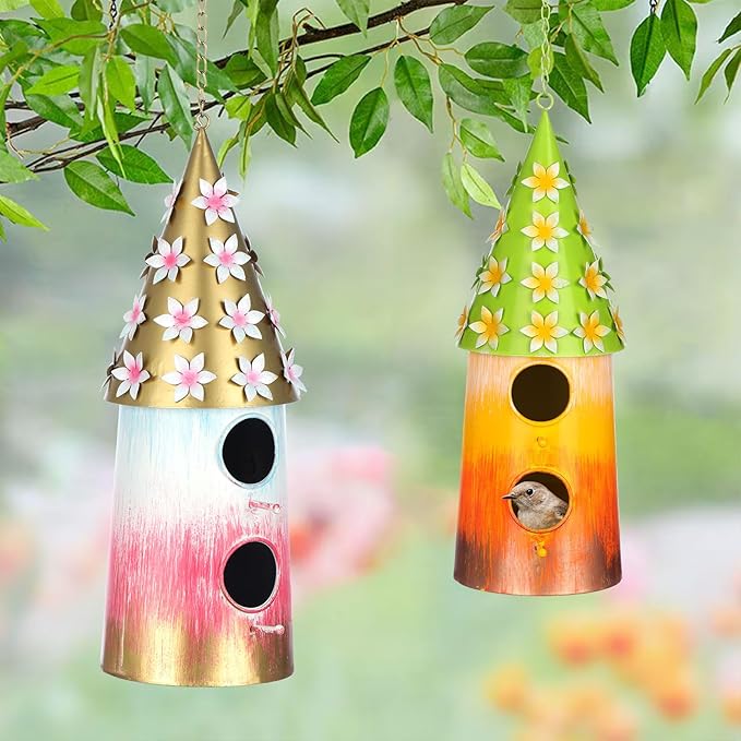 BAYN Hanging Bird House for Outside, 2 Story Double Hole Metal Birdhouse for Outdoor Hanging Handwork Bird Nest Decorative Garden Decor Outdoor