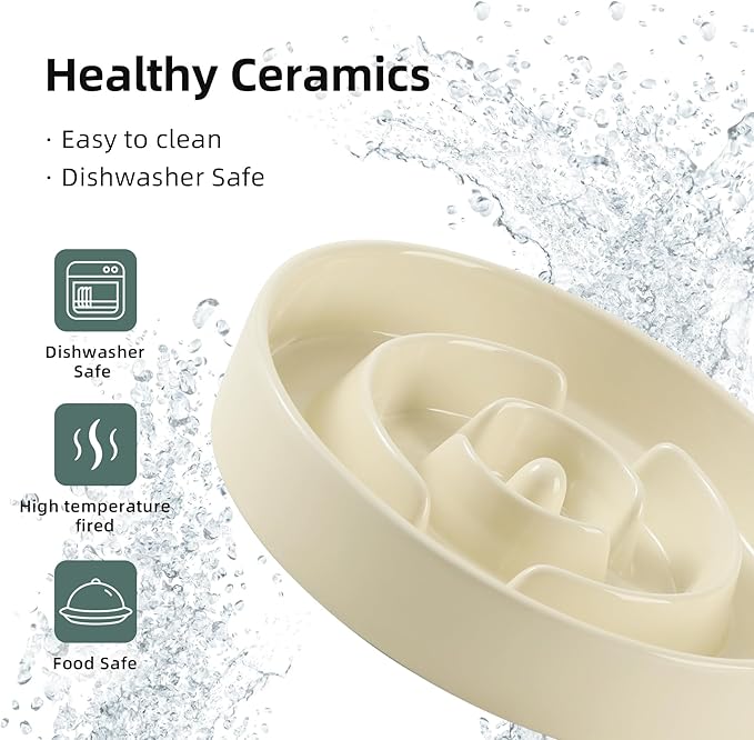 Ceramic Raised Slow Feeder Dog Bowl Set, Elevated 7.3inch Bowl and 8.2inch Puzzle Slow Dish with Wooden Stand for Medium and Large Dog, Anti-Gulping (2X Beige+ Stand)