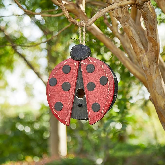 Glitzhome 11.5" H Distressed Solid Wood Ladybug Birdhouse Garden Hanging Bird House for Outdoors