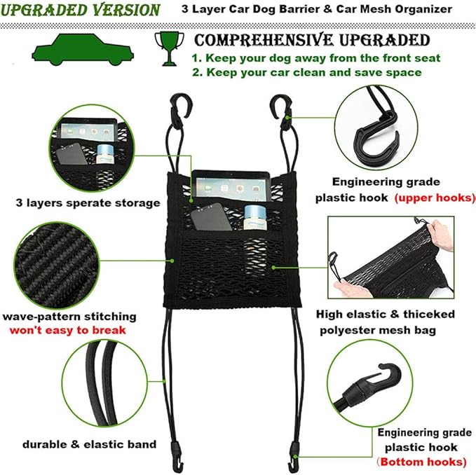 DYKESON Pet Barrier Dog Car Net Barrier with Auto Safety Mesh Organizer Baby Stretchable Storage Bag Universal for Cars, SUVs -Easy Install,Safer to Drive with Pets and Children, 3 Layer M