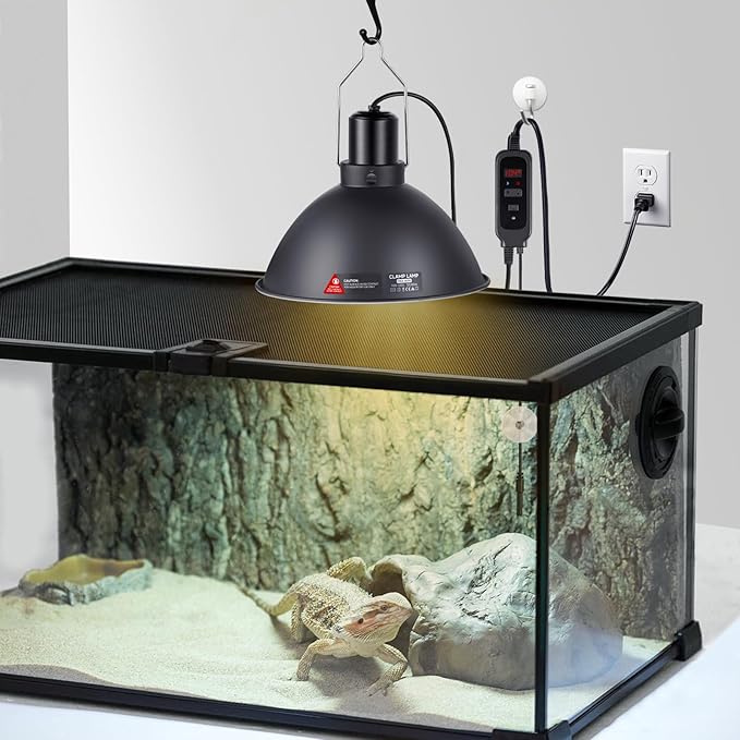 8.5inch Reptile Heat Lamp with Thermostat, Reptile Light Fixture with Dimming Thermostat, Deep Dome Lamp Fixture with 150W Ceramic Heat Emitter for Bearded Dragon, Turtles, Snake and Lizard