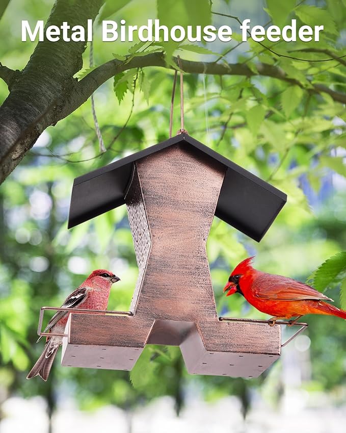 Bird Feeders for Outdoors Hanging - 2.4 LBs Metal Bird Feeder, House Shape Birdfeeders Attracting Wild Birds for Outside, Yard, Garden Decoration, Heavy Duty Platform